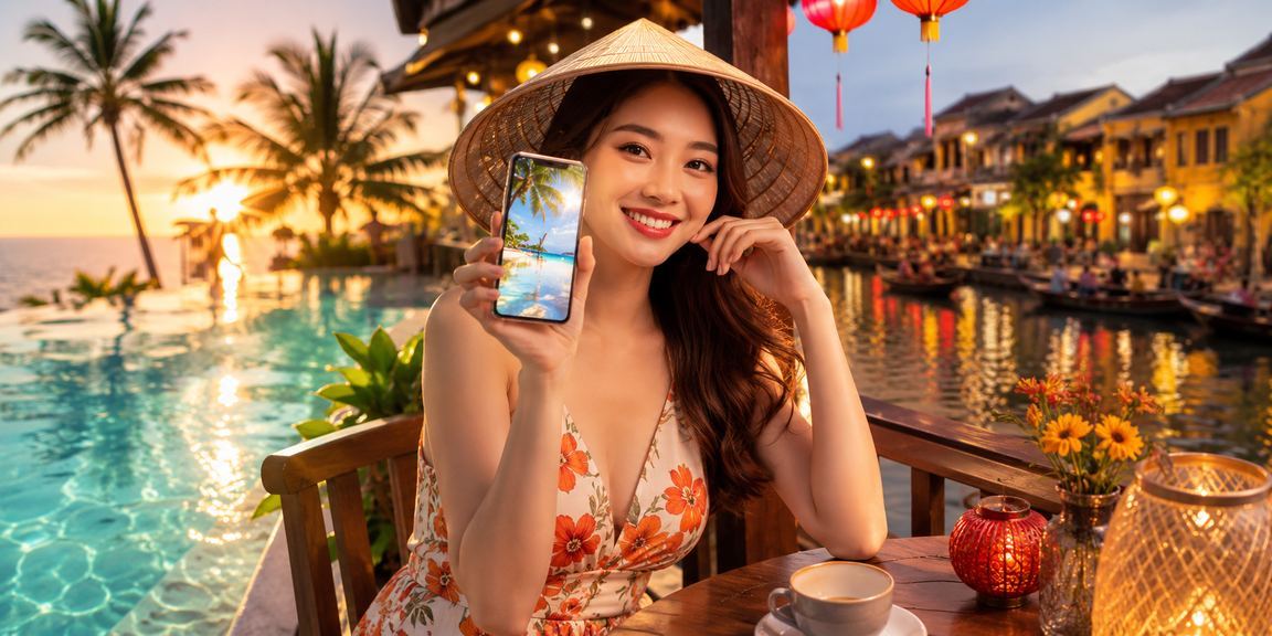 Người dùng tại Hội An đọc điều khoản sử dụng nền tảng cá cược trên điện thoại bên tách cà phê